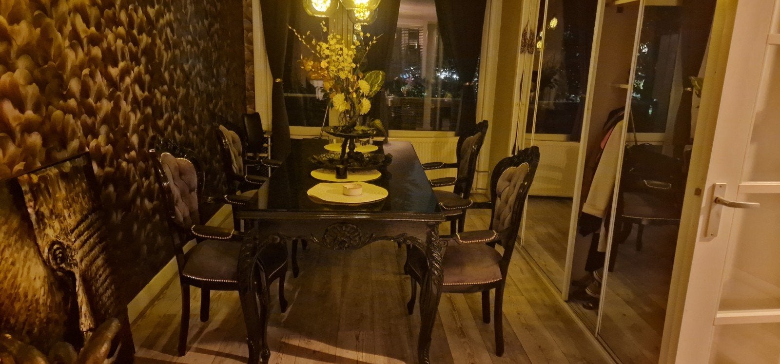 Luxe Zwarte Eettafel met Barok Stoelen, Ophalen, Gebruikt, Glas, 50 tot 100 cm