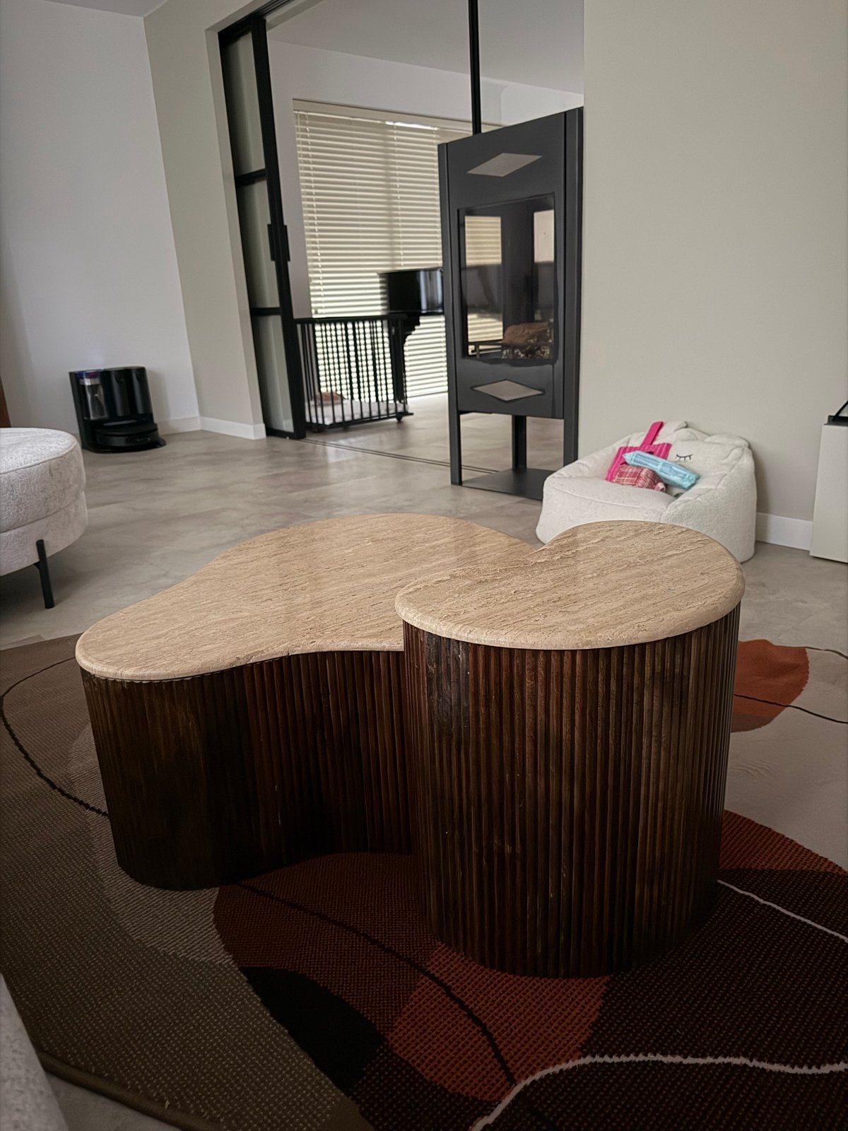 Elenora Salontafel Set - Organisch Design Mango & Travertin, Ophalen, 50 tot 100 cm, Zo goed als nieuw, Overige vormen