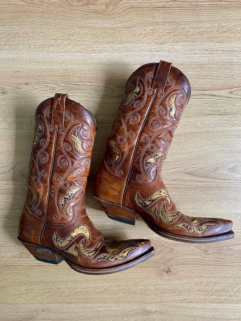 Sendra hoge laarzen, met pythonleer, maat 39, Hoge laarzen, Bruin, Ophalen of Verzenden, Gedragen