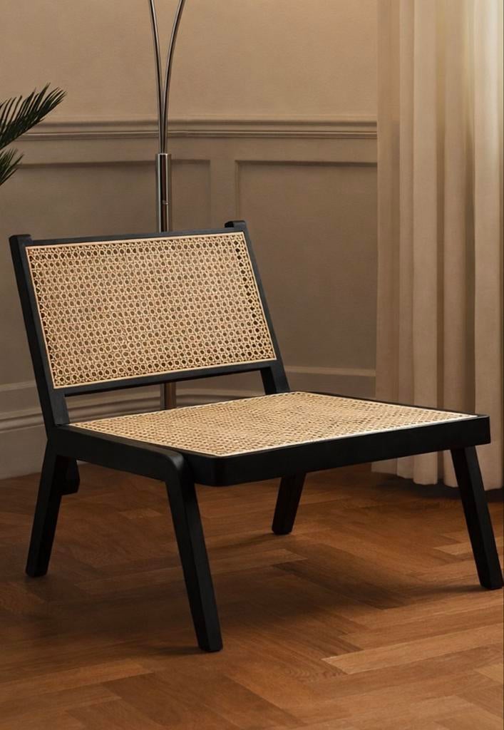 H&M home lage fauteuil, zwart houten frame met rotan, Ophalen, Zwart, Nieuw, Eén