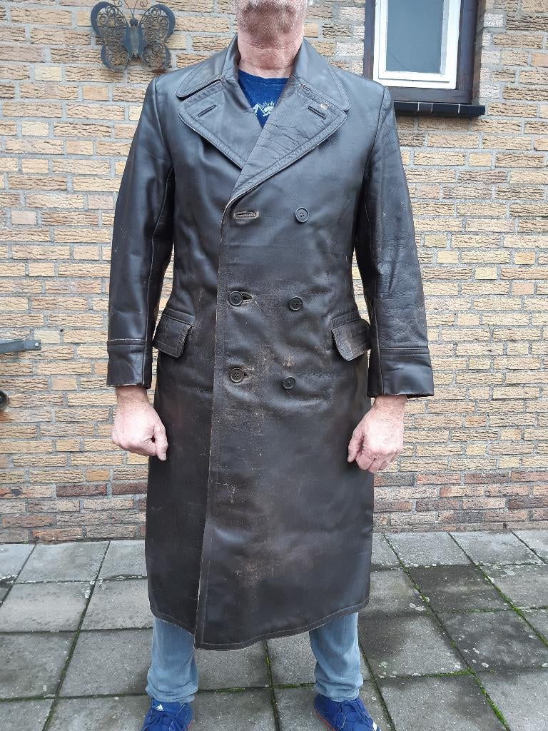 Vintage lange bruine leren motorjas ca. 1960, Gelmok, Heren, Jas | leer, Ophalen of Verzenden