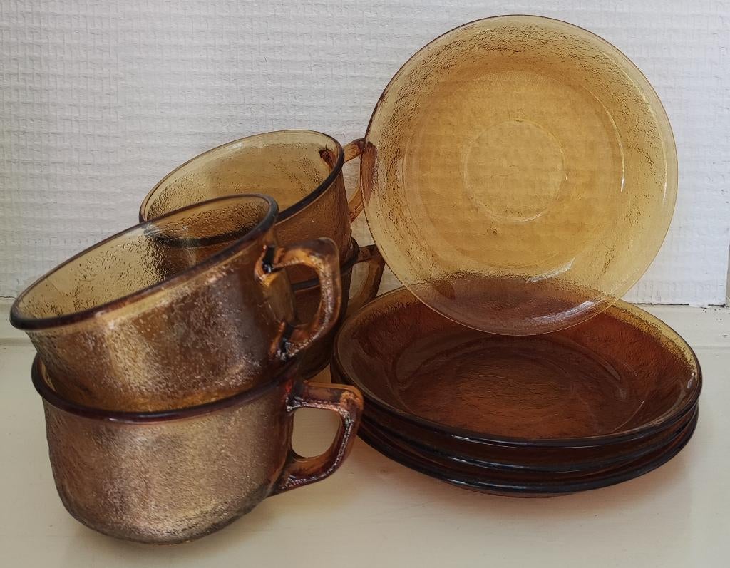 4 Arcoroc kop en schotels; amber, Antiek en Kunst, Antiek | Glas en Kristal, Ophalen of Verzenden