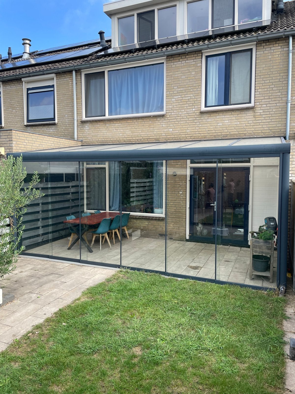 Aluminium terrasoverkapping 6x3m met glazenschuifwanden &LED, Ophalen, Zo goed als nieuw, Veranda