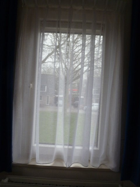 Vitrage - 2 delen - met horizont. + verticale streepjes. (3), 129 cm, Vitrage, Wit, Zo goed als nieuw