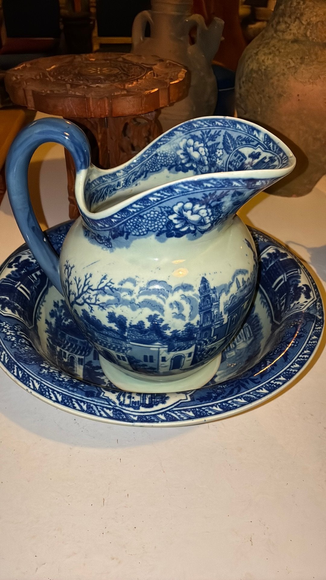 Antieke Victoriaanse waskom en kan, blauw-wit decor, Antiek en Kunst, Antiek | Porselein, Ophalen