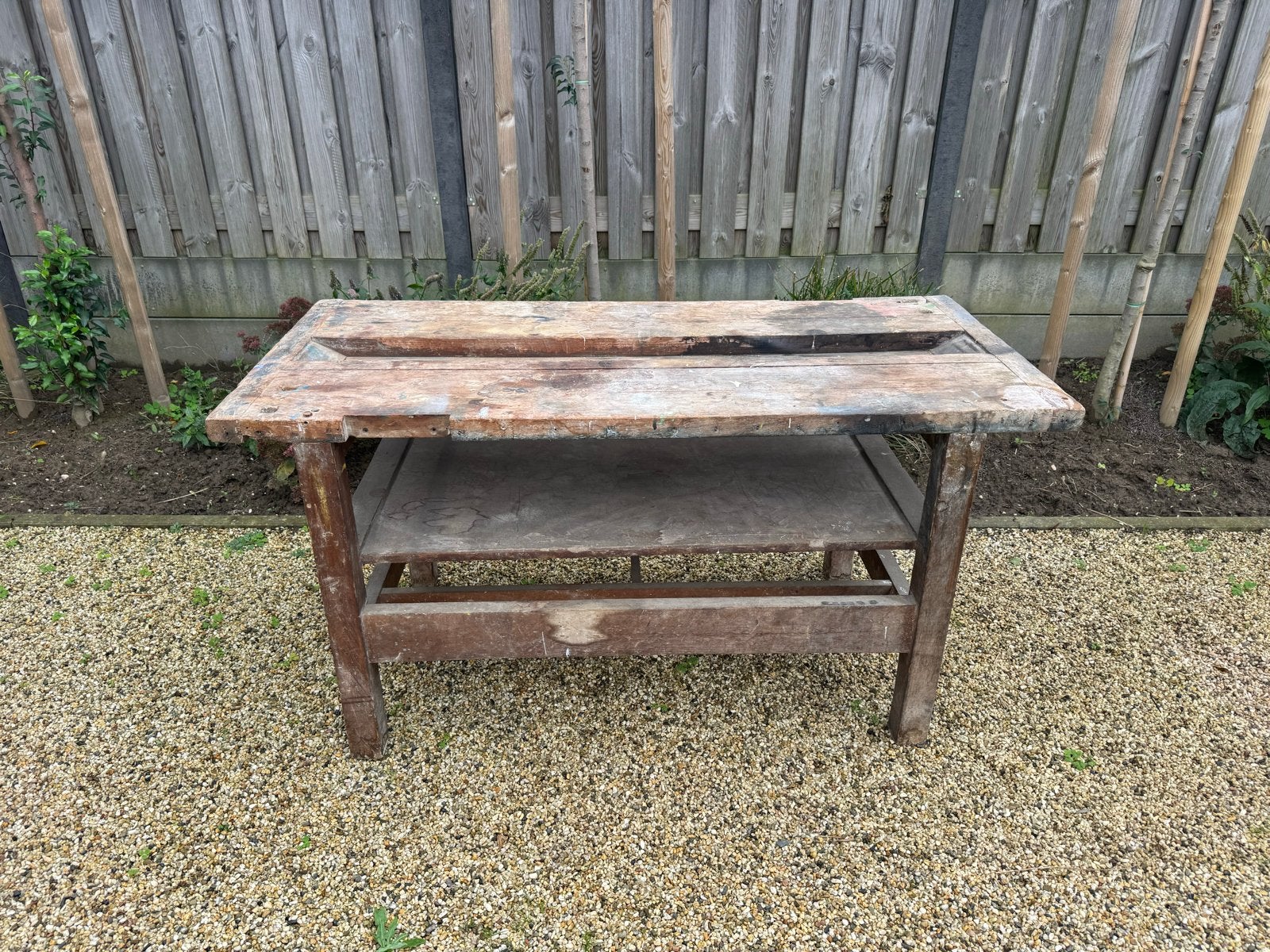 Robuuste houten werkbank met opbergplank, Ophalen, Gebruikt, 120 tot 170 cm