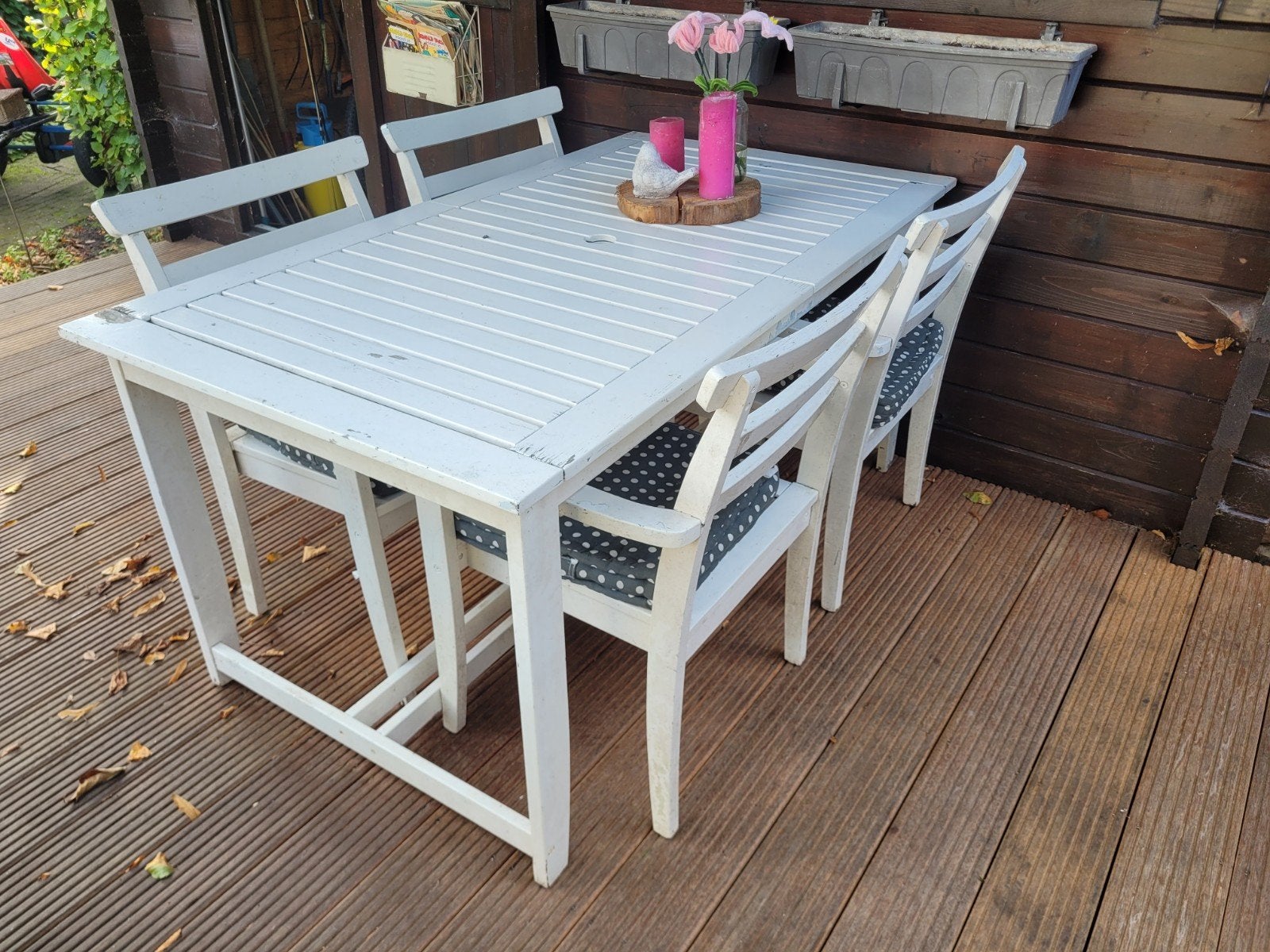 Witte tuinset met tafel en 4 stoelen, Ophalen, Gebruikt, Rechthoekig, Hout