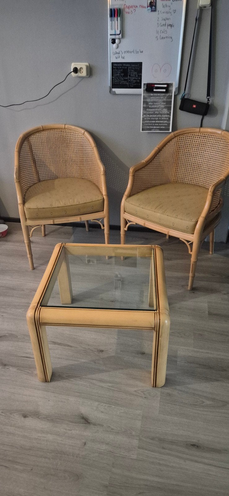Vintage rotan zitje met glazen salontafel, Ophalen, Overige materialen, Gebruikt, Twee