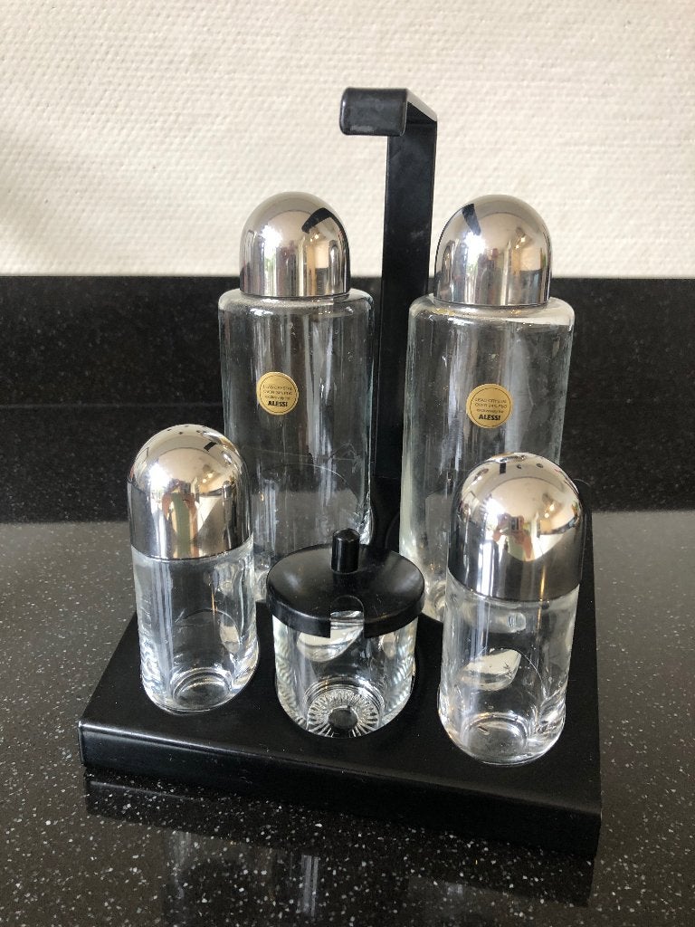 Alessi design set olie/azijn/peper/zout/mosterd, Ophalen of Verzenden, Zo goed als nieuw