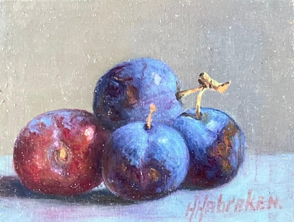 Schilderij pruimen op tafel. Hans Habraken., Ingelijst, Paneel, Realistisch, Stilleven