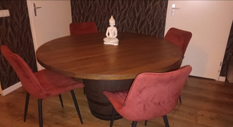 Eettafel massief eikenhout 140cm doorsnee, Ophalen, 100 tot 150 cm, 200 cm of meer, Zo goed als nieuw