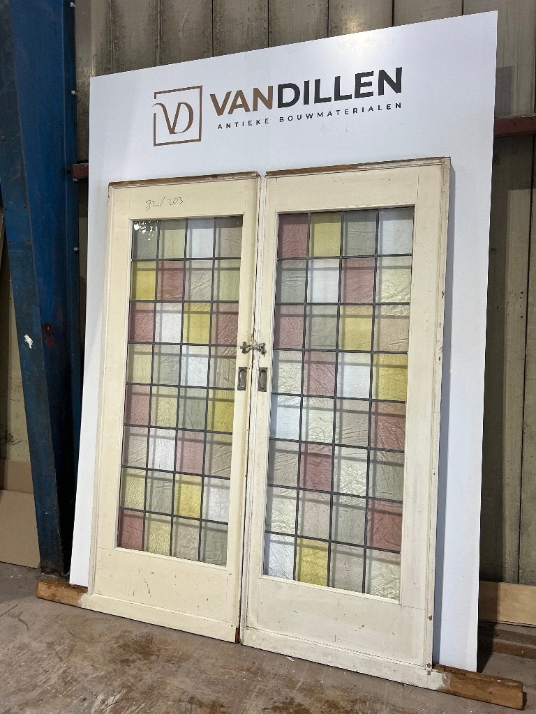 Set ensuite schuifdeuren met kleur glas in lood, Gebruikt, 120 cm of meer, Binnendeur, Ophalen of Verzenden