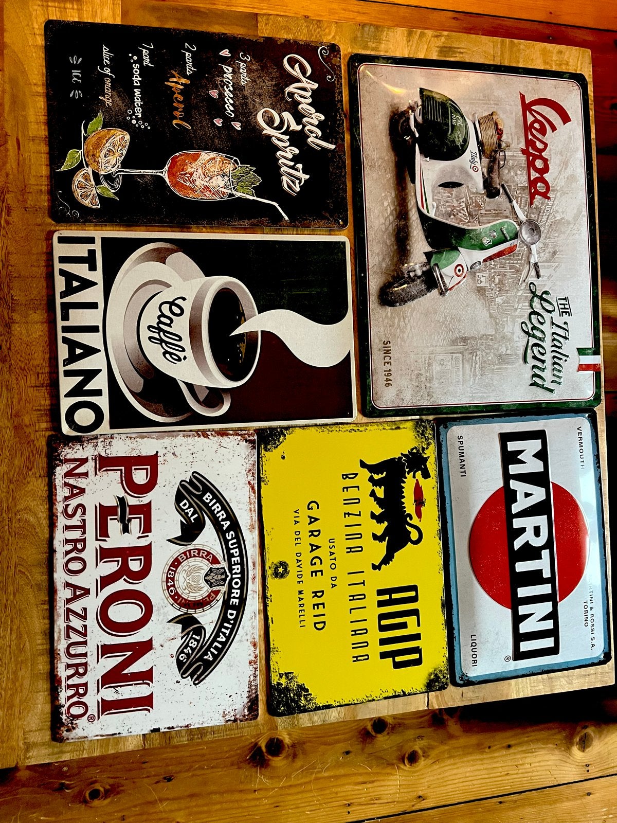 Set van 6 Vintage Italiaanse Reclameborden, Vintage, Meerkleurig, Ophalen of Verzenden, Zo goed als nieuw