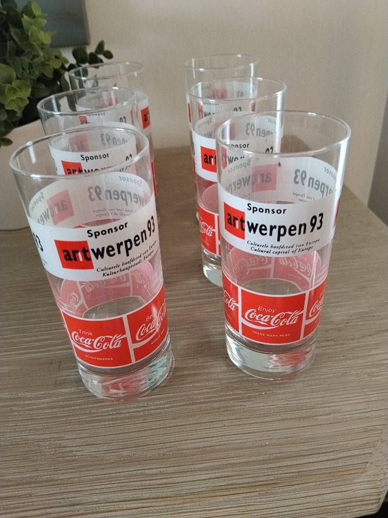 6 vintage coca cola glazen Antwerpen ' 93, Verzamelen, Glas en Borrelglaasjes, Ophalen of Verzenden, Zo goed als nieuw, Frisdrankglas
