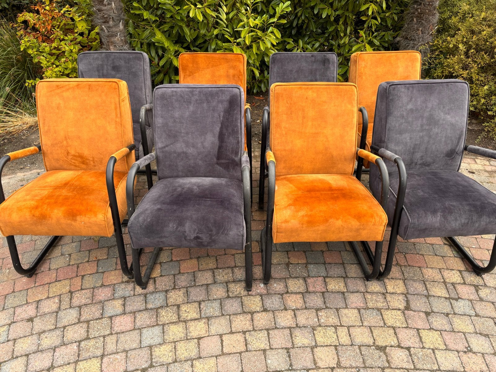 8 comfortabele eetkamerstoelen in oker en grijs zwart, Huis en Inrichting, Ophalen, Gebruikt, Overige kleuren, Stof