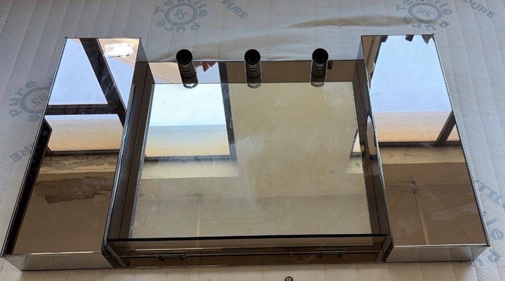 jaren ‘70 spiegelkast verlichting bruin rook spiegel glas, Spiegelkast, Zo goed als nieuw, Minder dan 25 cm, Minder dan 100 cm