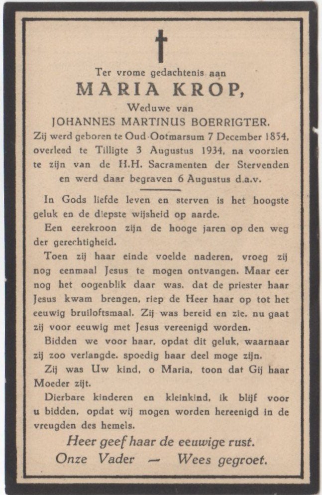 Maria Krop 1854 Oud-Ootmarsum + 1934 Tilburg, 79 jaar oud, Ophalen of Verzenden