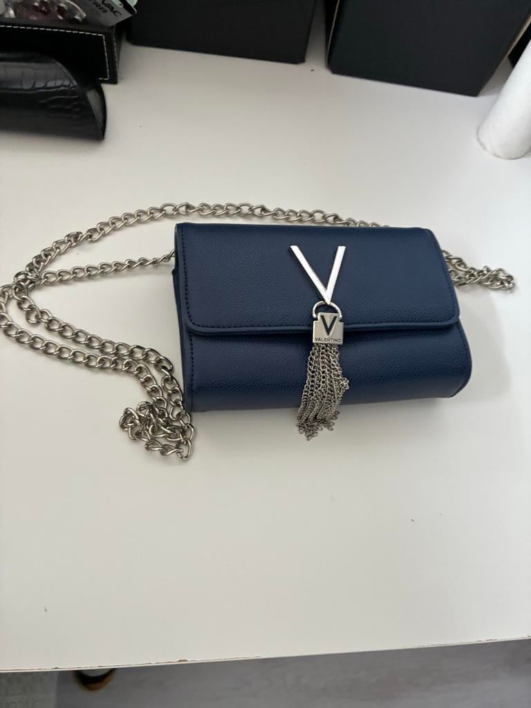 Valentino Schoudertas - Donkerblauw met zilveren ketting, Ophalen of Verzenden, Zo goed als nieuw, Blauw, Overige merken