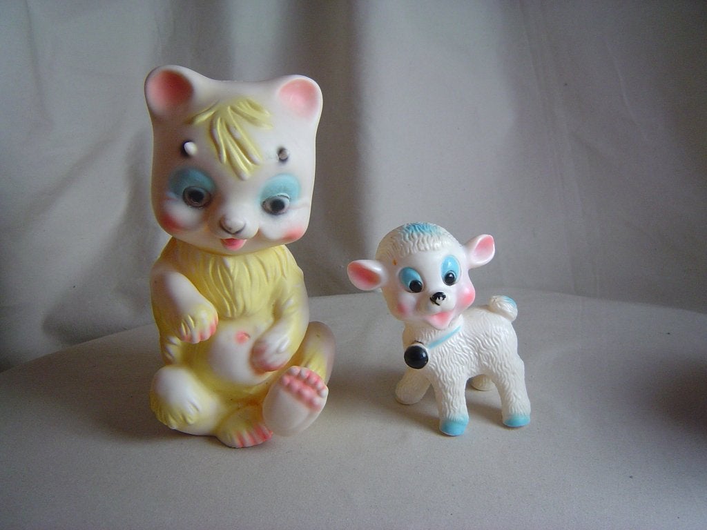 Vintage babyspeelgoed knijpdieren schaap en hond, Ophalen of Verzenden, Gebruikt, Overige typen, Met geluid