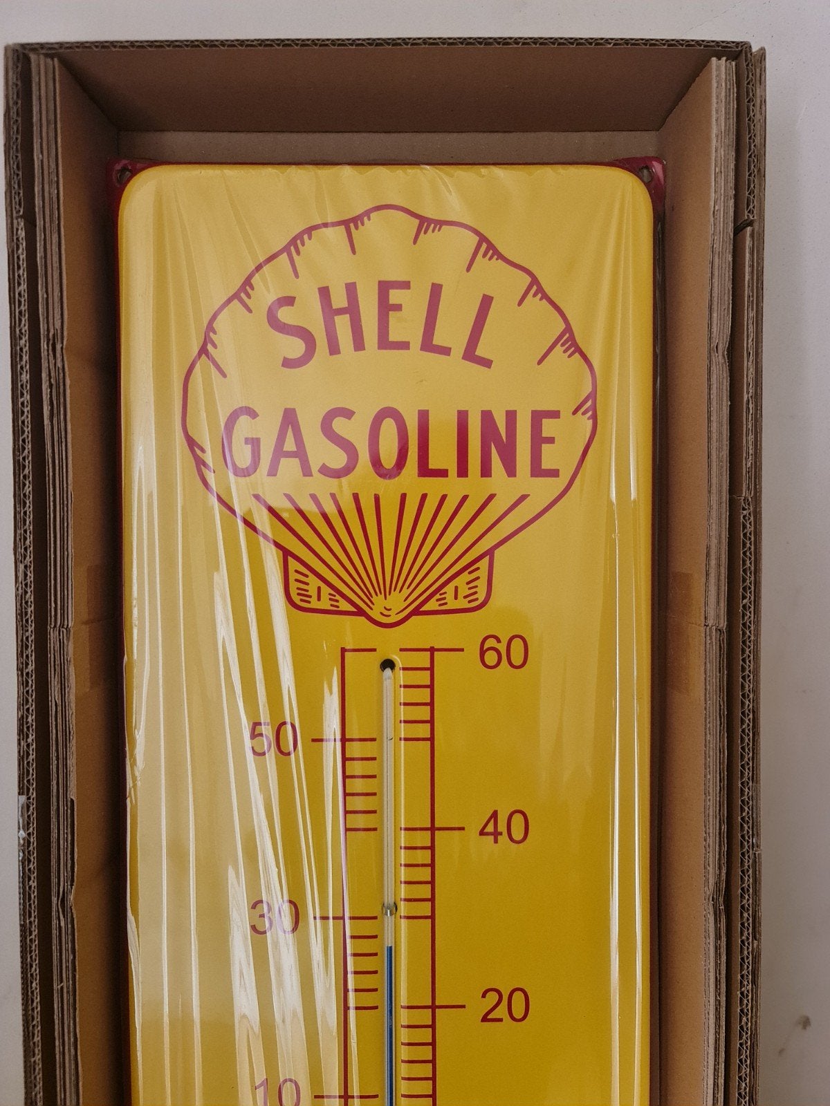 EMAILLE SHELL THERMOMETER GROOT +- 70X23 CM, Verzamelen, Merken en Reclamevoorwerpen, Ophalen, Nieuw, Reclamebord