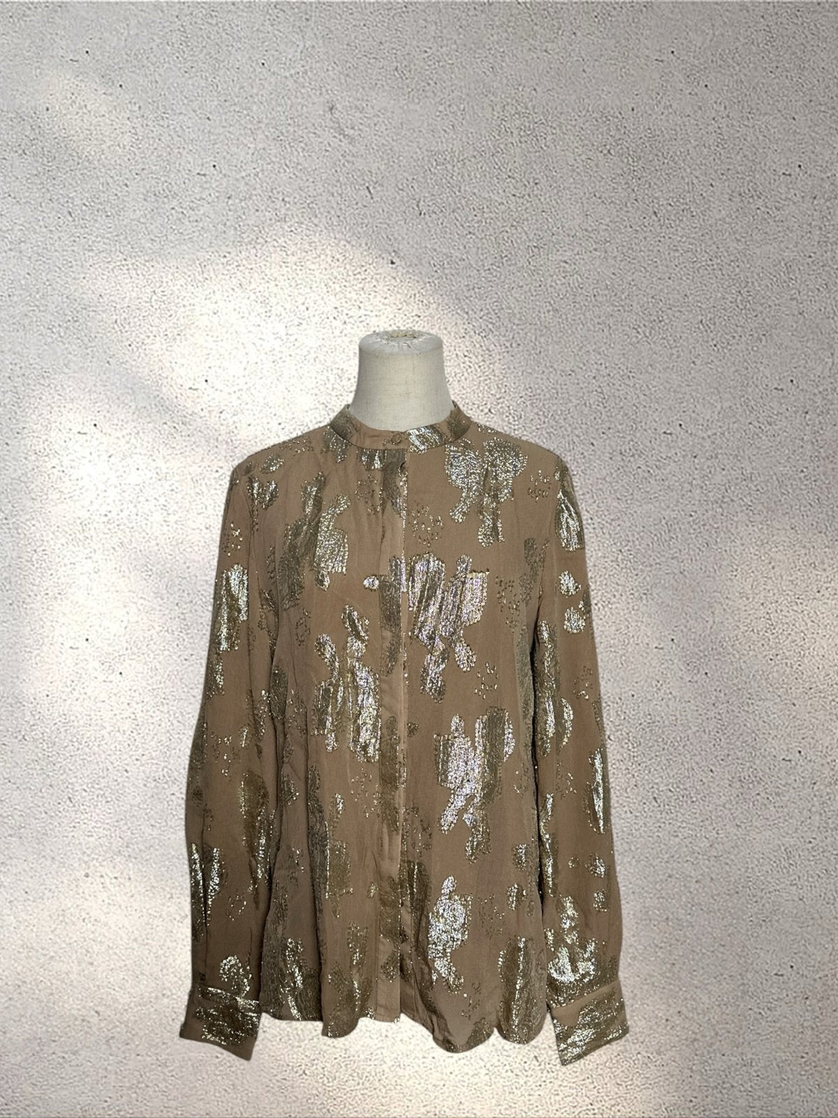 Bruuns Bazaar Blouse met Metallic Print - Maat 38, Ophalen of Verzenden, Zo goed als nieuw, Maat 38/40 (M), Beige