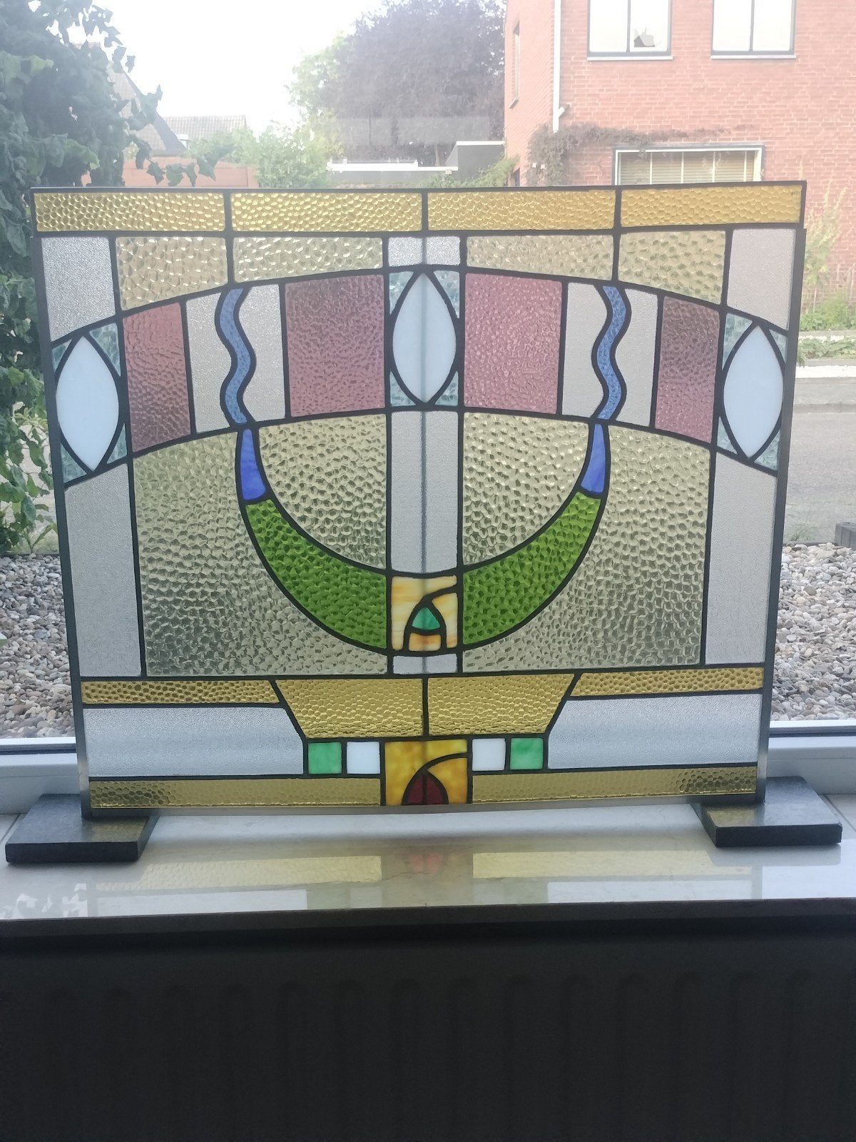 Oud glas in lood paneel op standaard - 71x62 cm, Antiek en Kunst, Antiek | Glas en Kristal, Ophalen