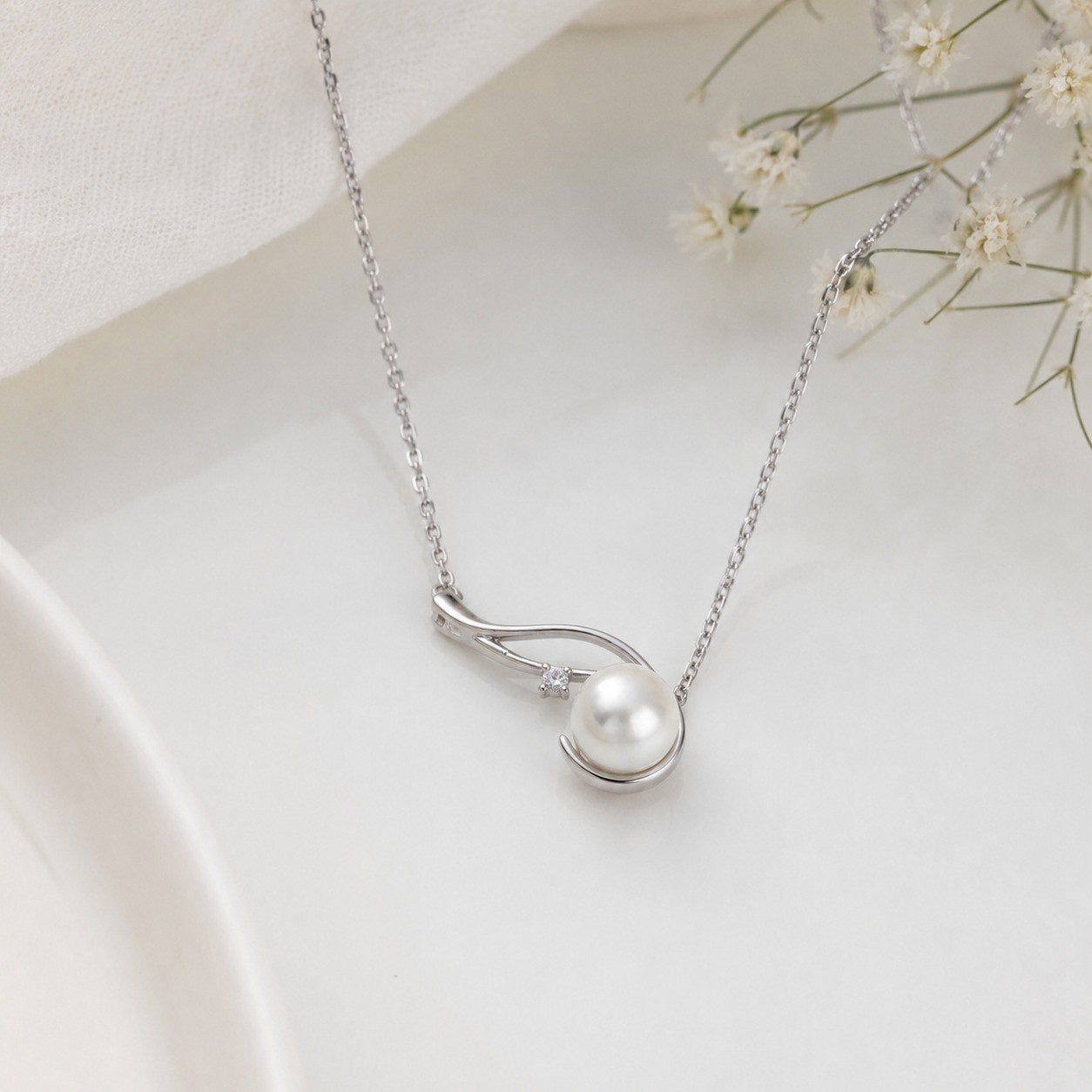 Elegante Zilveren Ketting met Parel en Zirkonia, Ophalen of Verzenden
