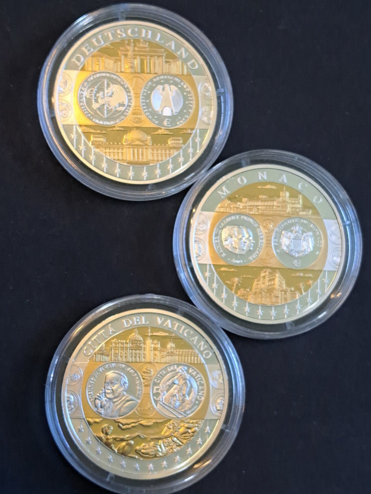 3 zilveren penningen met gouden inlays uit de Europa serie, Ophalen of Verzenden, Zilver, Buitenland