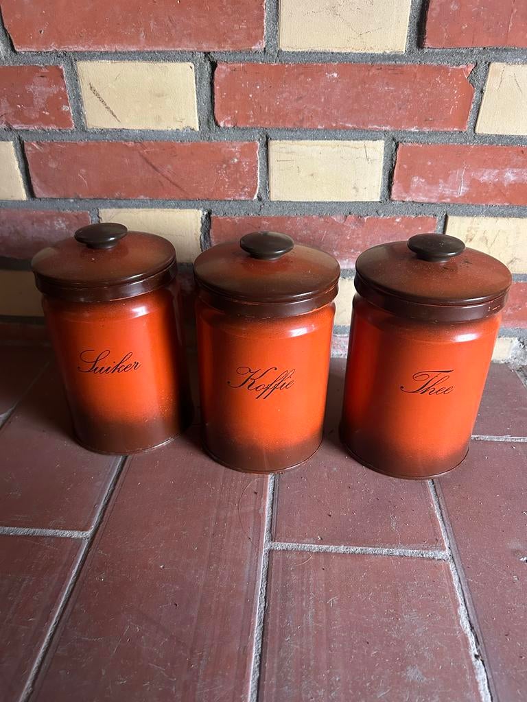 Vintage bussen blikken koffie thee suiker oranje bruin, Ophalen of Verzenden