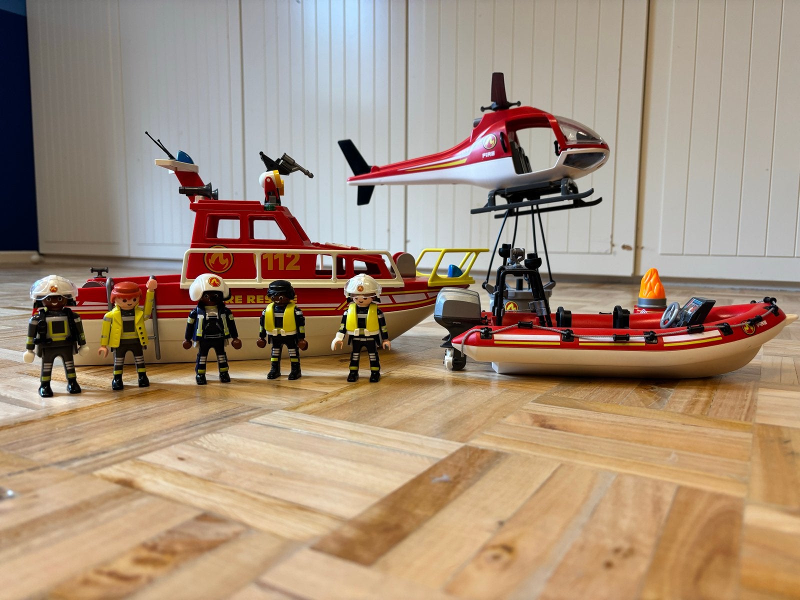 Playmobil Brandweer Set: Boot 2x, Helikopter en Figuren, Ophalen, Zo goed als nieuw
