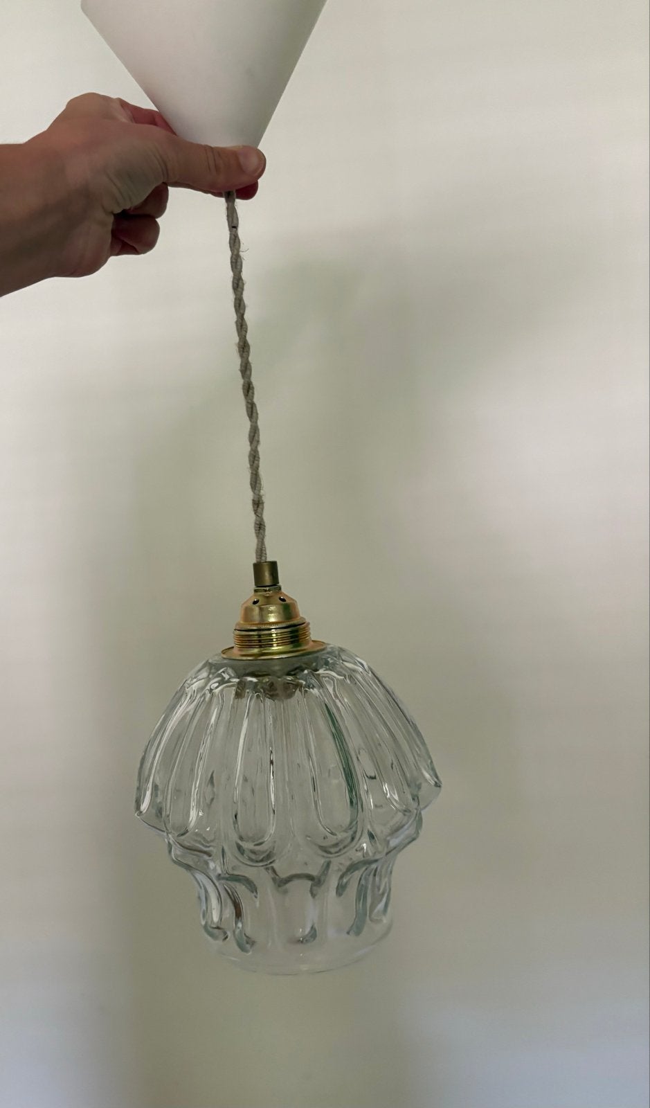 Vintage glazen hanglamp met E14 fitting, Ophalen, Gebruikt, Glas, E14 (klein)
