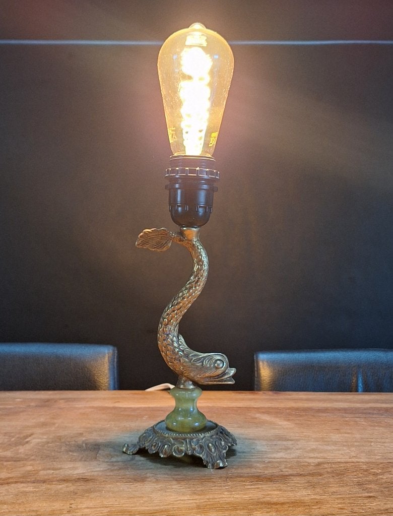 vintage antiek lampje met dolfijn vis onyx voet en led lamp, Gebruikt, Vintage, Ophalen of Verzenden, Metaal