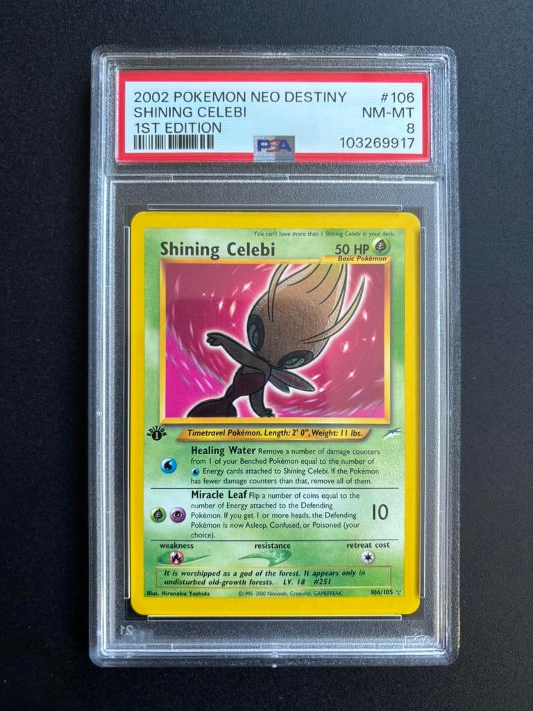 PSA 8 Shining Celebi Neo Destiny 1st Edition Pokémon, Ophalen of Verzenden, Zo goed als nieuw, Losse kaart, Foil