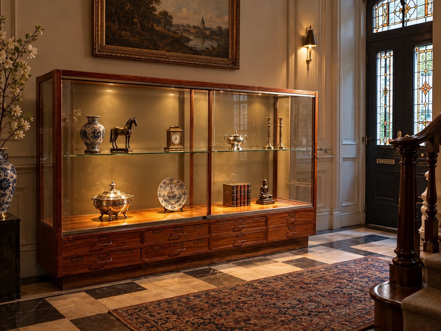 Mid century vitrinekast uit warenhuis, Ophalen, Gebruikt, 100 tot 150 cm, 150 tot 200 cm
