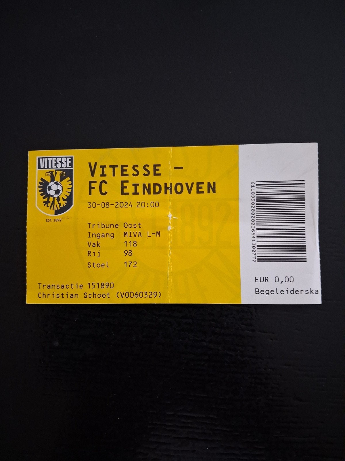 Ticket Vitesse - FC Eindhoven 2024/2025., Verzamelen, Ophalen of Verzenden, Gebruikt, Vitesse
