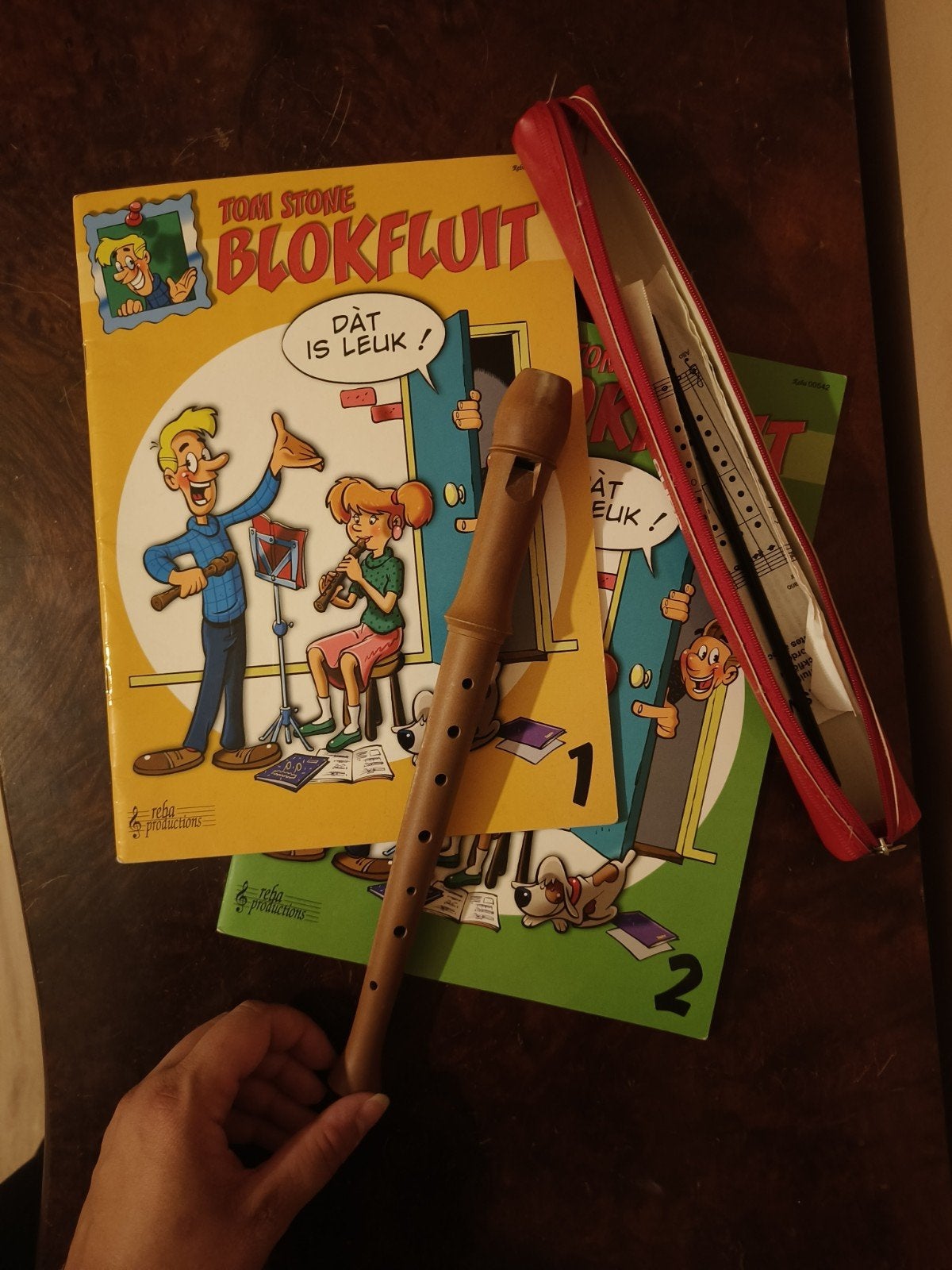 Blokfluit met lesboeken en etui - Tom Stone, Ophalen of Verzenden, Gebruikt, Sopraan of Sopranino, Met koffer, hoes of etui