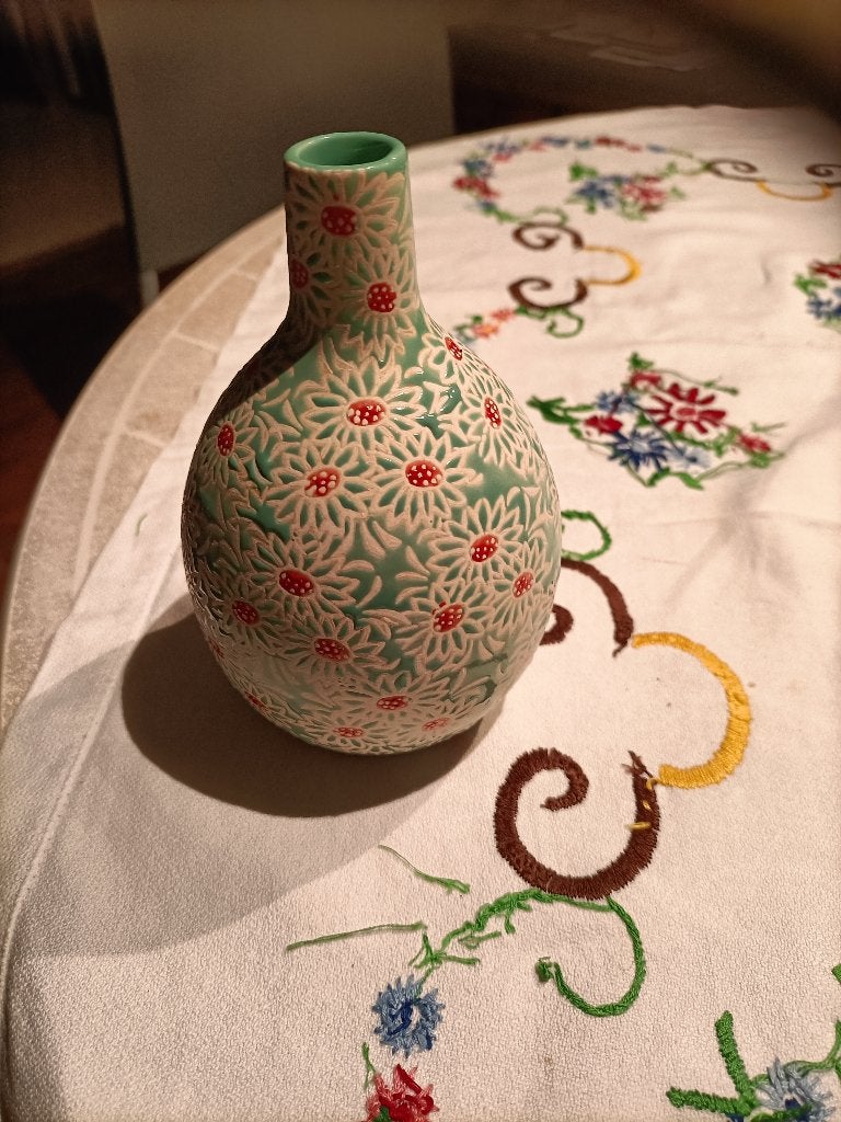 Groenig, crème, vaasje 'Des Pots' met rode bloemen hart, Ophalen, Meerkleurig, 14 cm, Zo goed als nieuw
