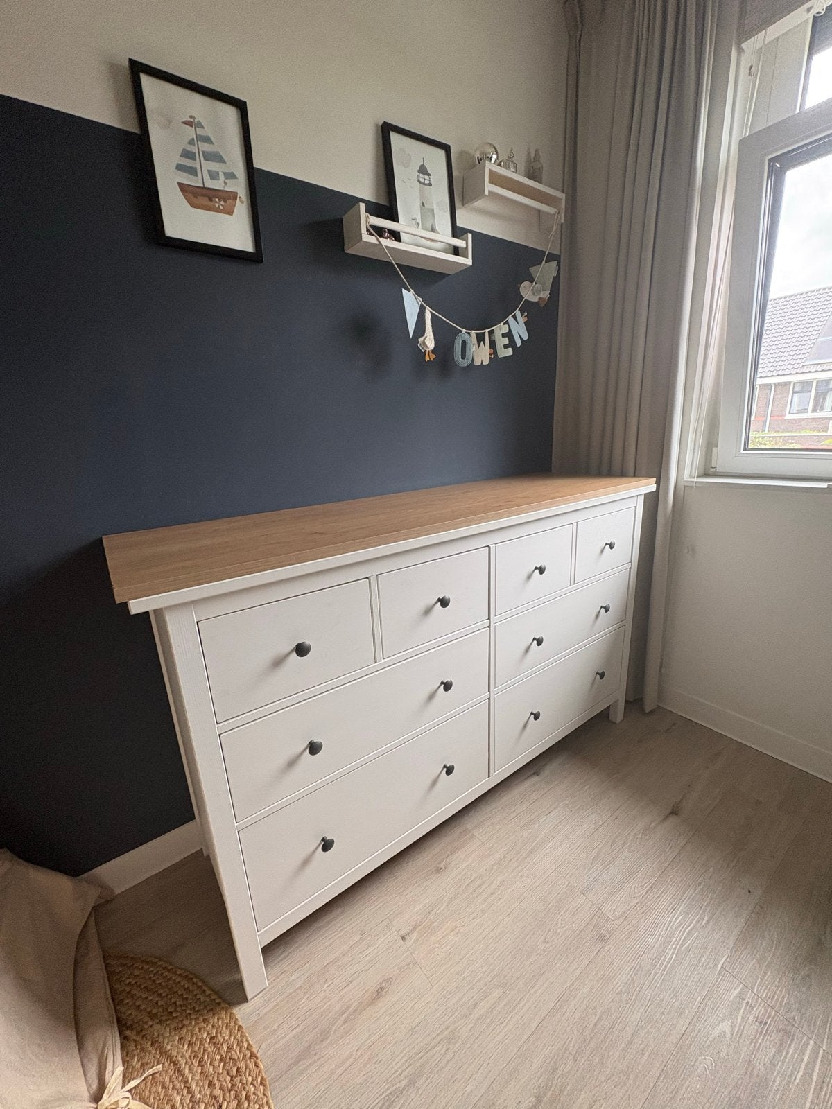 IKEA Hemnes ladekast met 8 lades - Wit met eiken blad, Ophalen, 5 laden of meer, 150 tot 200 cm, Eikenhout