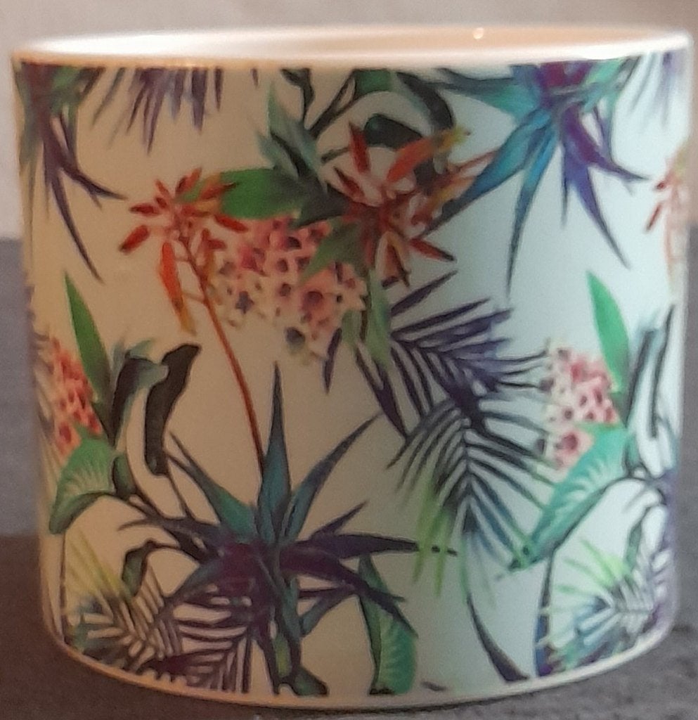 Tropische keramische bloempot met botanische print, Tuin en Terras, Gebruikt, Rond, Ophalen of Verzenden, Binnen