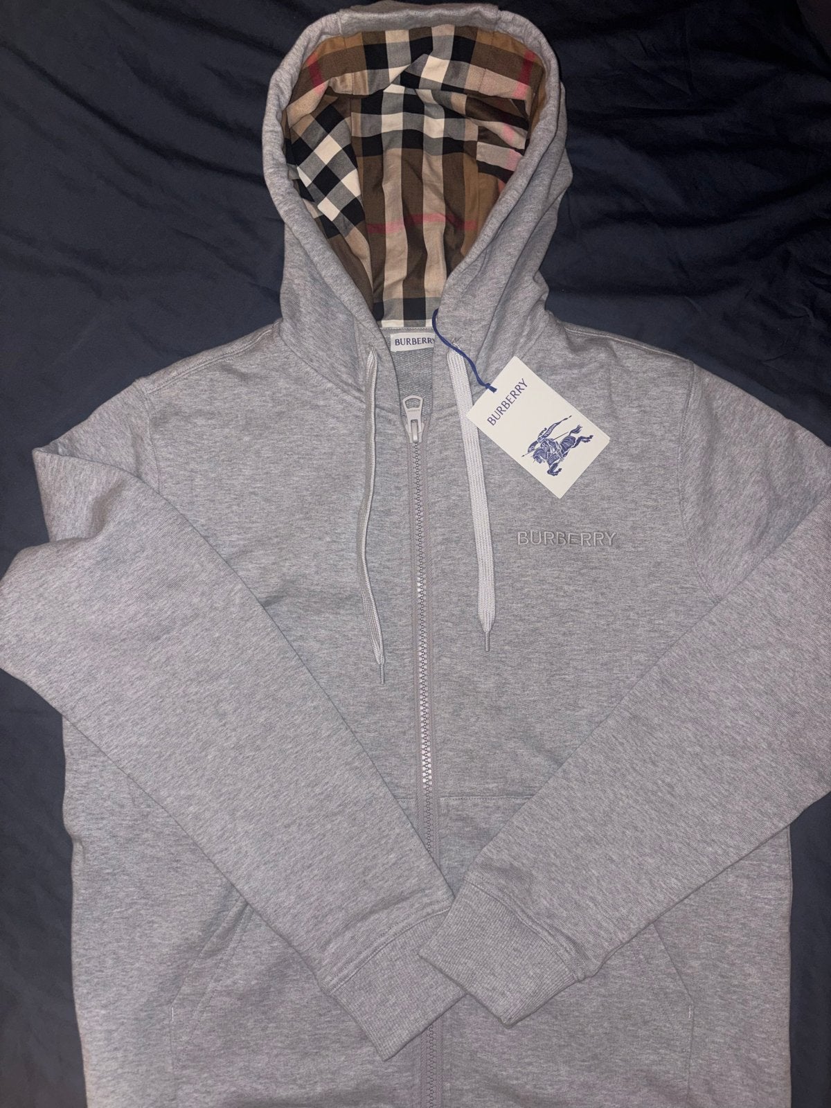 Burberry hoodie met rits en geruite capuchon, Ophalen of Verzenden, Nieuw, Maat 48/50 (M), Grijs