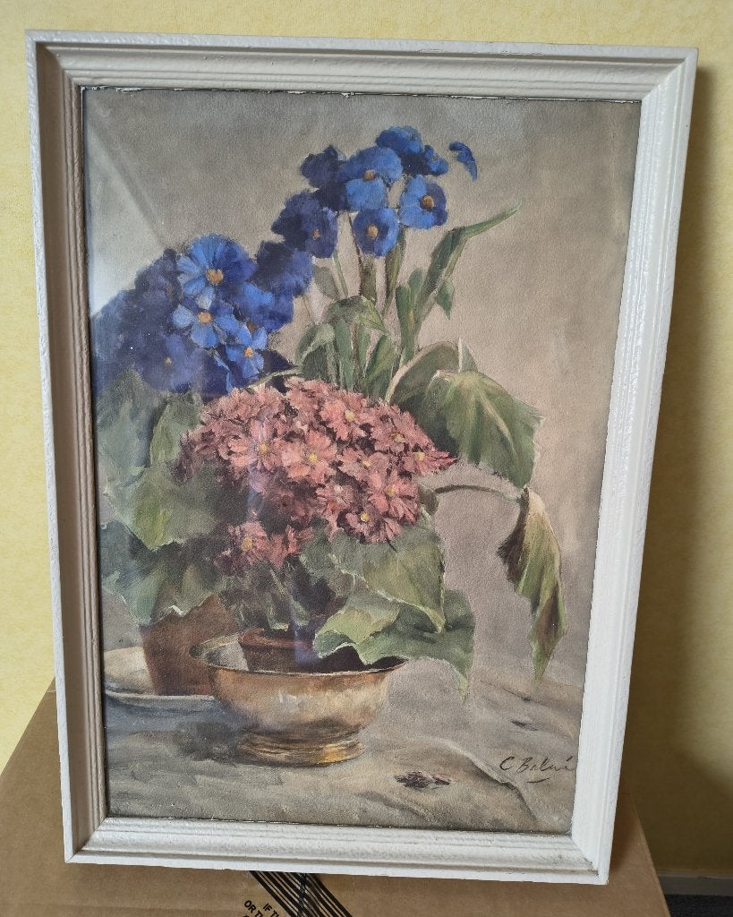 Schilderij met hortensia's gesigneerd met lijst, Antiek en Kunst, Kunst | Schilderijen | Klassiek, Ophalen, Bloemen