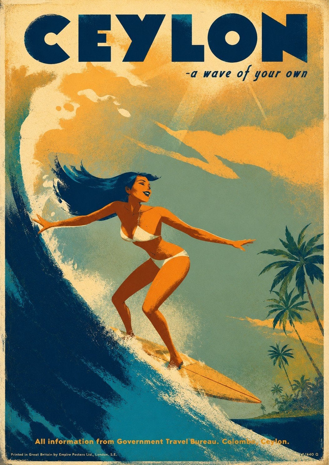 Vintage Ceylon Surf Poster - 'A Wave of Your Own', Ophalen of Verzenden, Gebruikt