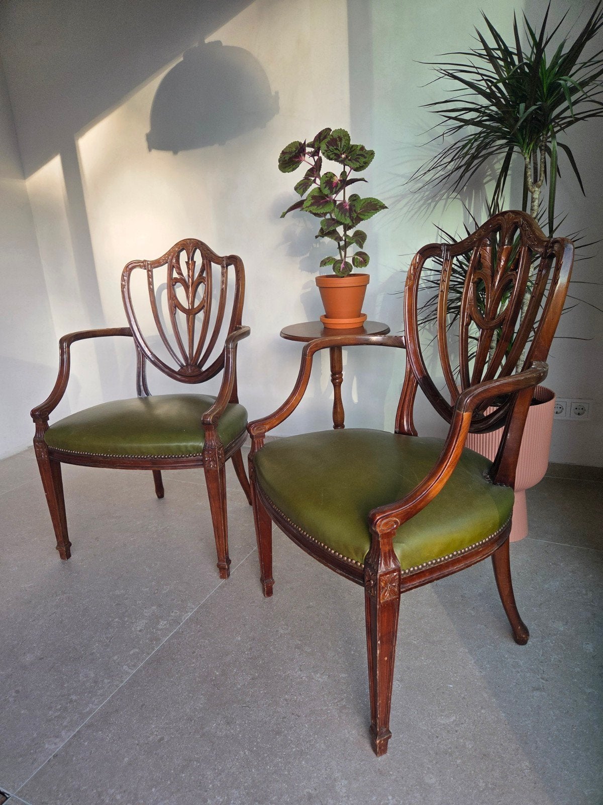 Set van 2 antieke mahoniehouten stoelen met leer, Ophalen