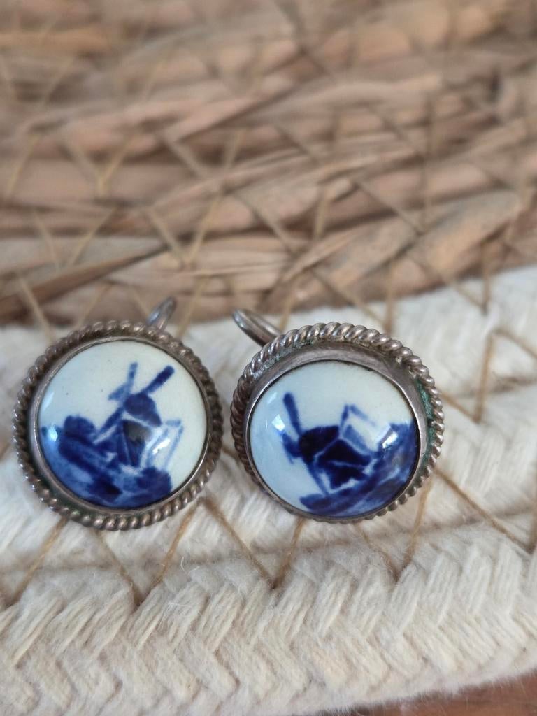 Vintage Sterling Zilveren Delfts Blauwe Oorbellen Holland, Sieraden, Tassen en Uiterlijk, Antieke sieraden, Ophalen of Verzenden