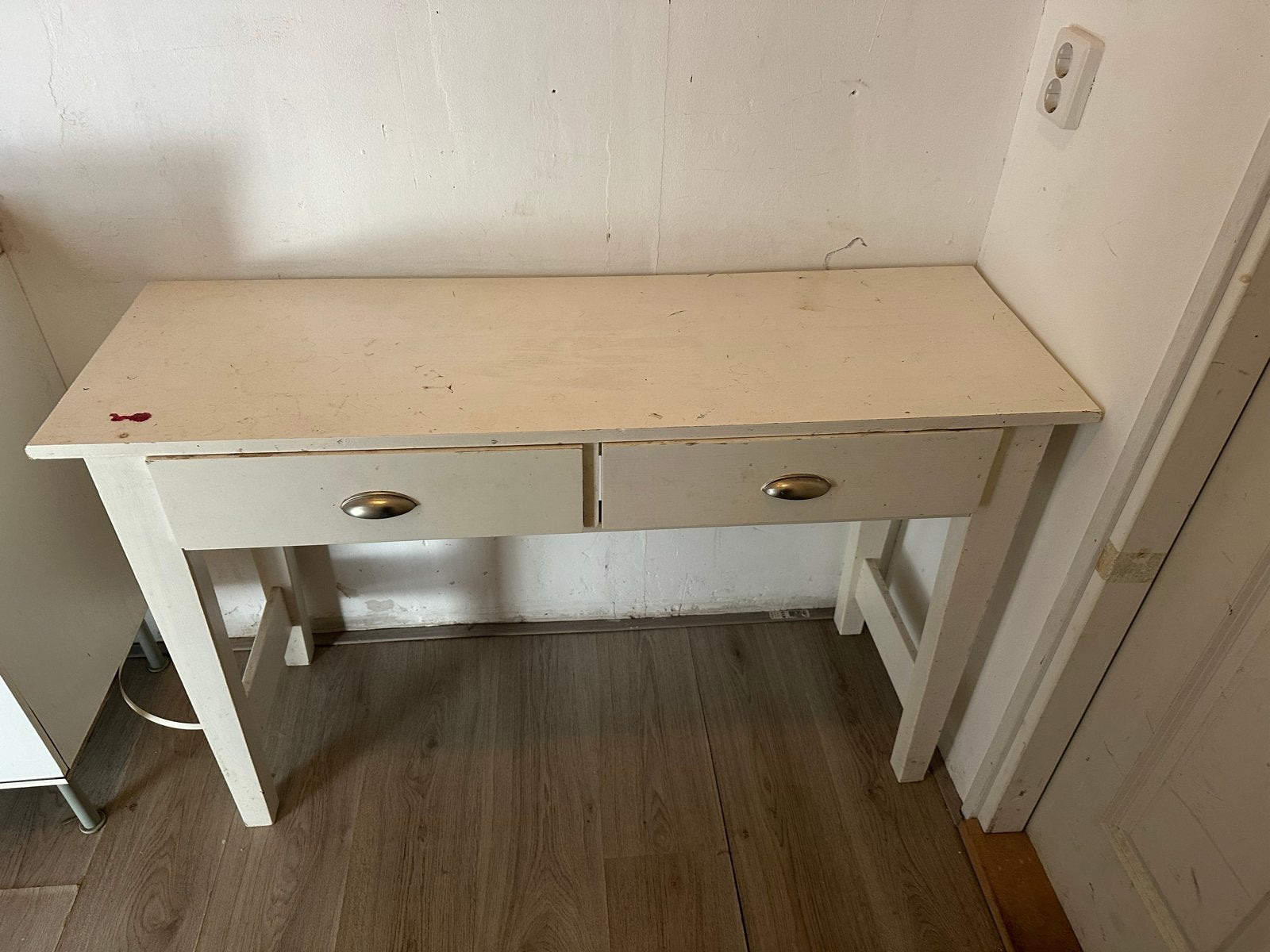 Vintage houten bureau/sidetable met twee lades, Ophalen, Gebruikt, 100 tot 150 cm, Minder dan 100 cm