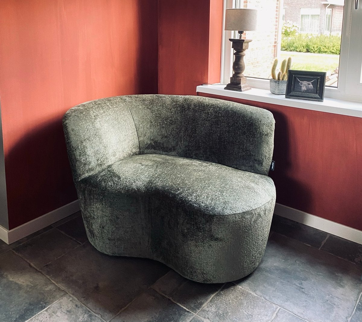 Woood fauteuil, velvet stof warm groen, Huis en Inrichting, Ophalen, Zo goed als nieuw, Stof, 100 tot 125 cm