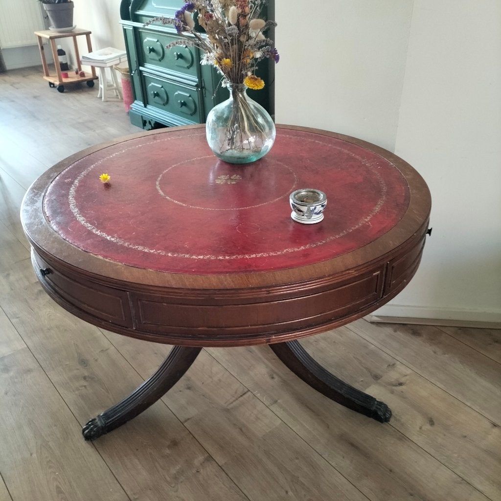 Salontafel, rond, hout, met rood leer bekleed, Ophalen, 50 – 75, Gebruikt, Rond