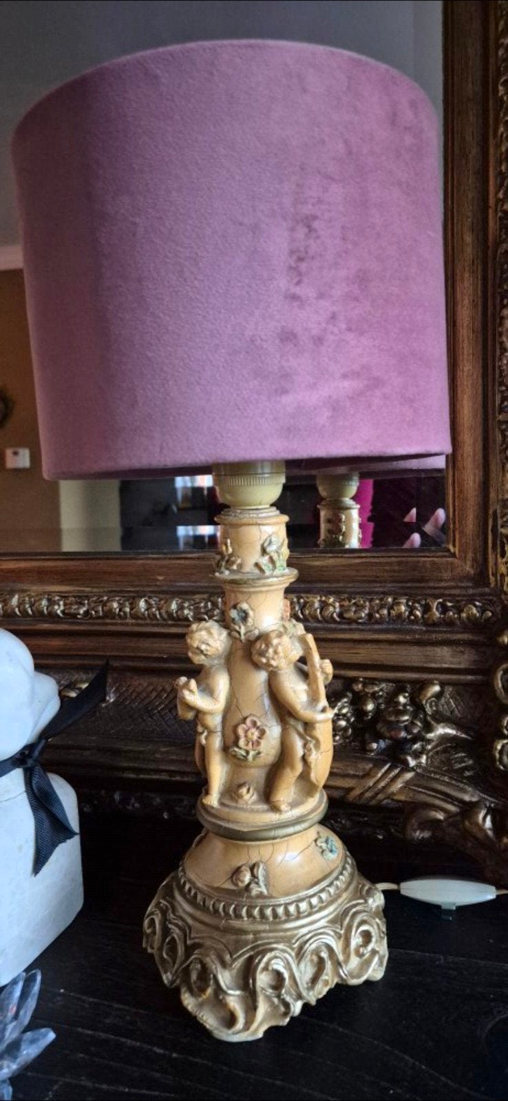 Antiek Tafellampje met Engelen en Paarse Kap, Antiek en Kunst, Ophalen of Verzenden