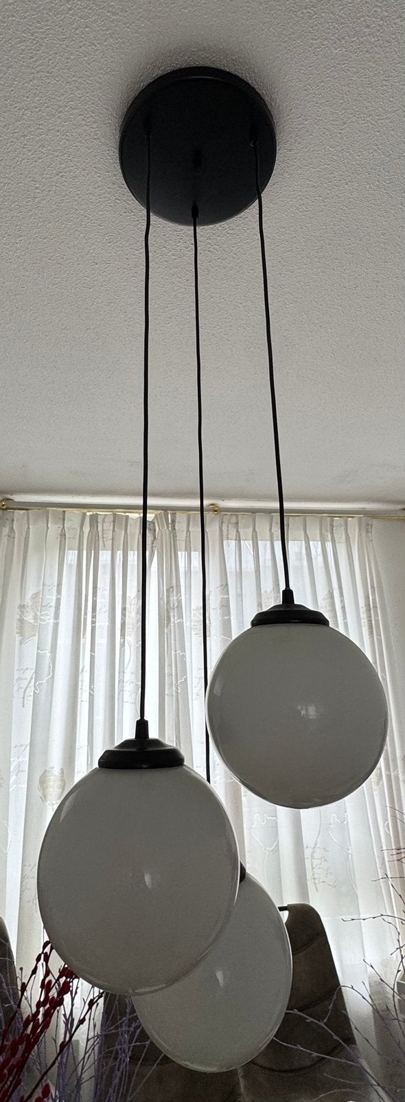 Moderne hanglamp met 3 glazen bollen, Ophalen, Zo goed als nieuw, Glas