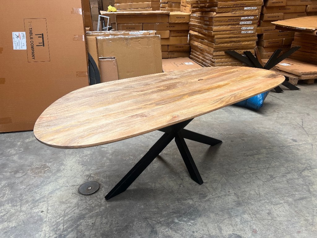 Organische mango eettafel 220x100cm incl. spinpoot, Ophalen, 50 tot 100 cm, Vijf personen of meer, Overige vormen